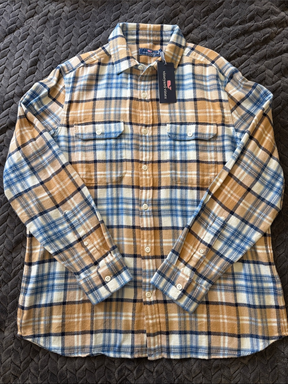 Vineyard Vines Blue and Toasted Almond Plaid Flannel Shirt Mens Large